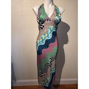 Another Girl Psychedelic Mixed Print Halter Maxi‎ Dress Open Back Womens Small 4